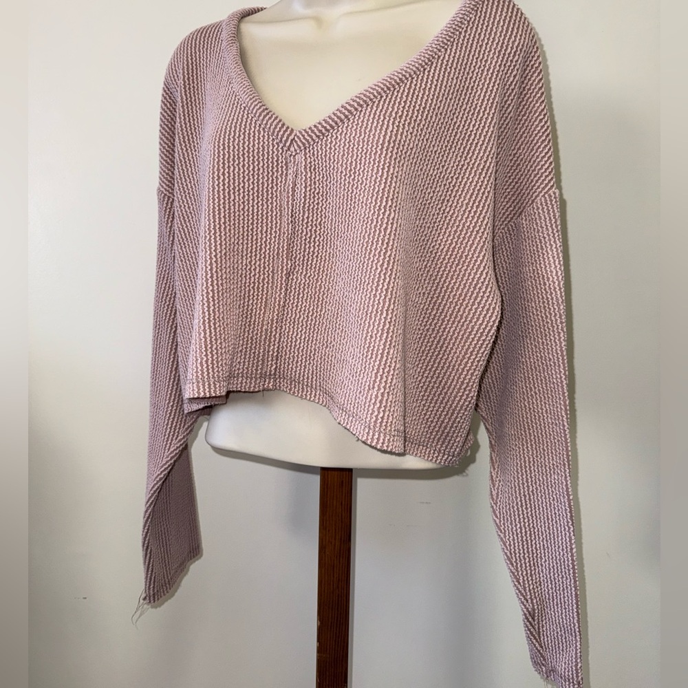 Originality (Large) Pink Ribbed V-Neck Long Sleeve Crop Top